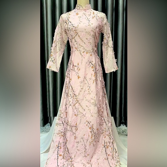 🆕 beautiful Traditional Vietnam Ao dai 2-layers 3D Cherry Blossoms 🌸 size XL - Picture 3 of 3